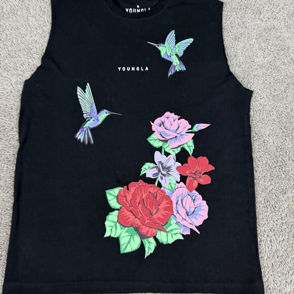 YoungLA Shirt Mens Small Black Pink Tie Dye Hummingbird Floral Graphic Tank Top - Picture 3 of 12